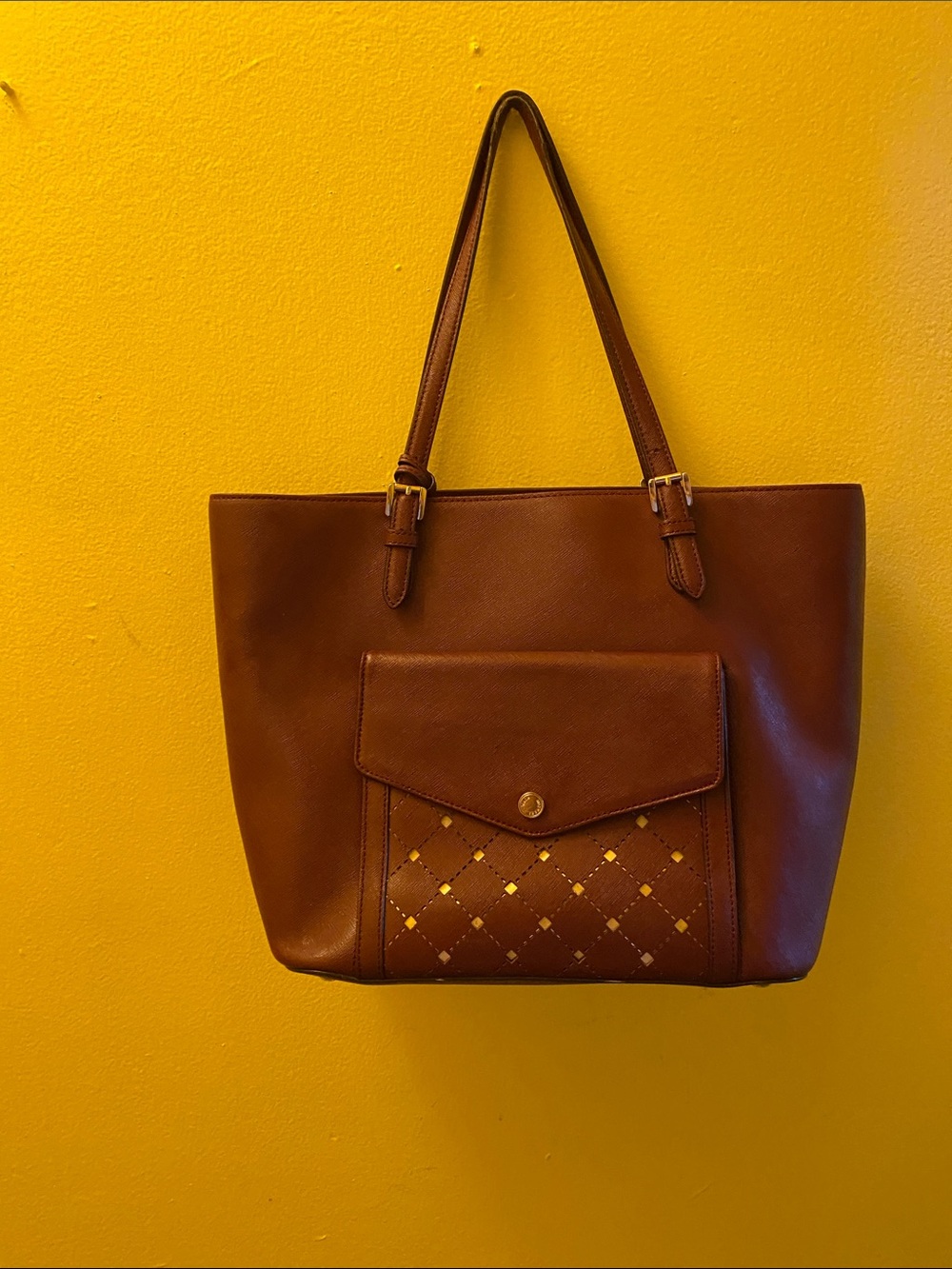 Michael Kors Brown Leather Tote with Front Pocket and Stud Detail